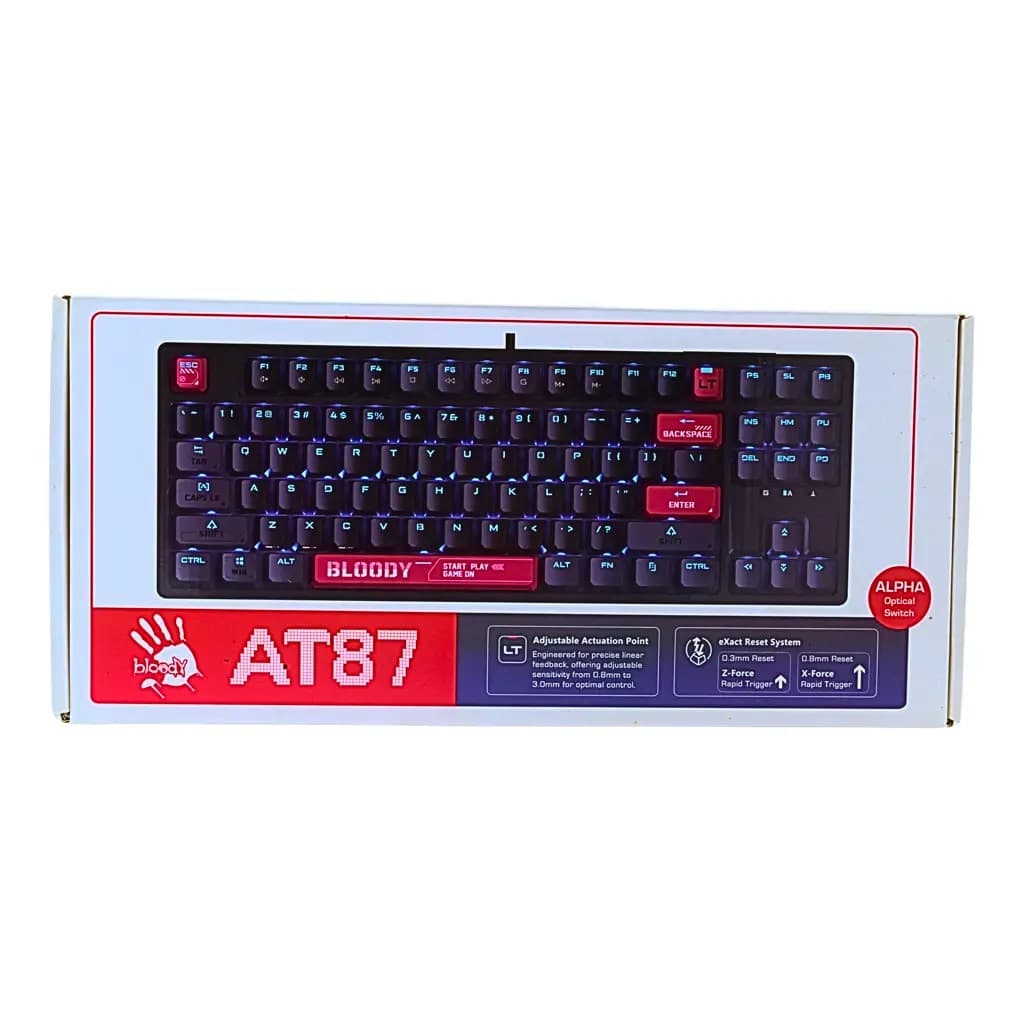 Buy the Bloody AT87 Alpha Switch Mechanical Keyboard with fast optical switches, a modern layout, RGB lighting, and soft keys.