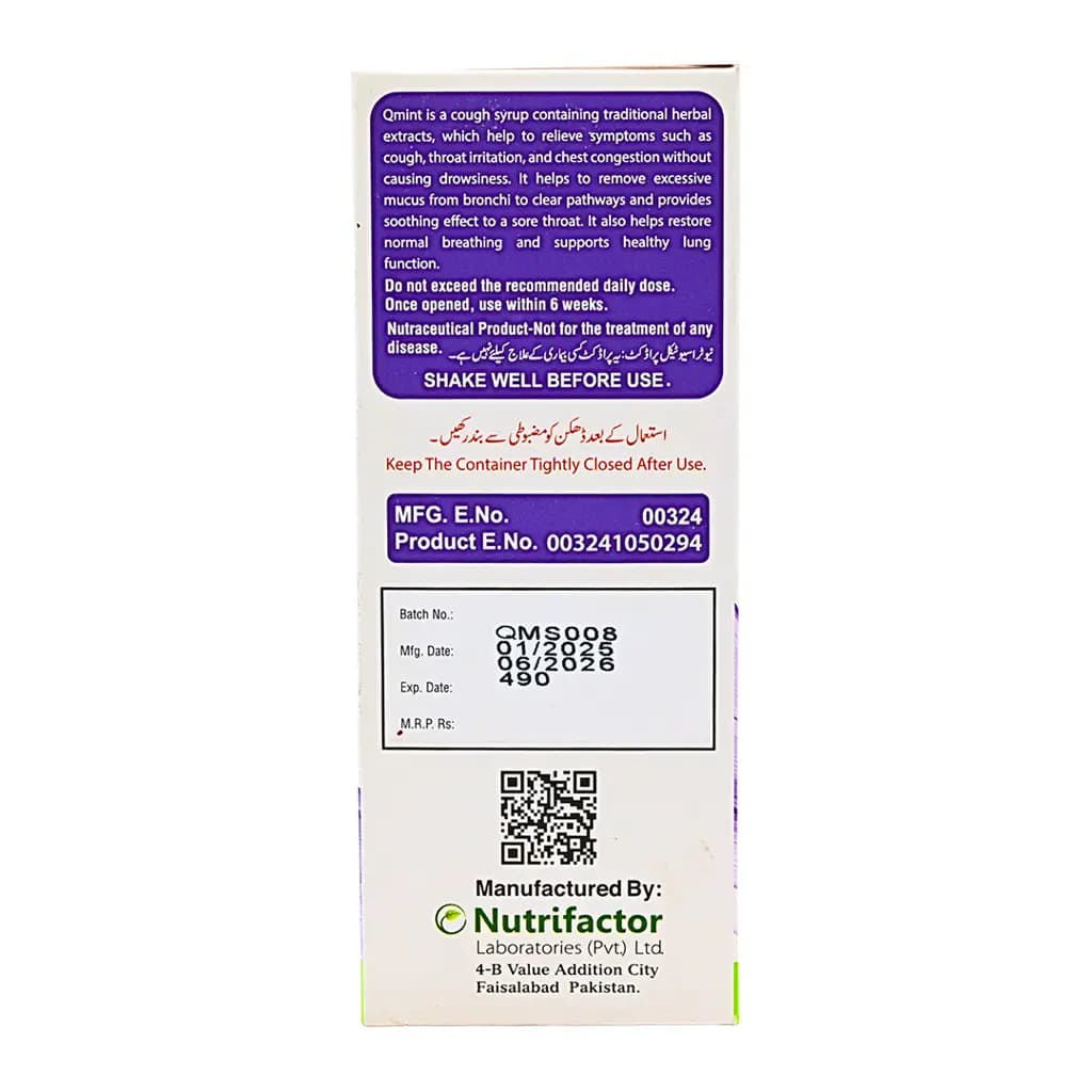 Qmint Cough Syrup provides rapid relief from coughs, sore throats, & congestion with its herbal ingredients.