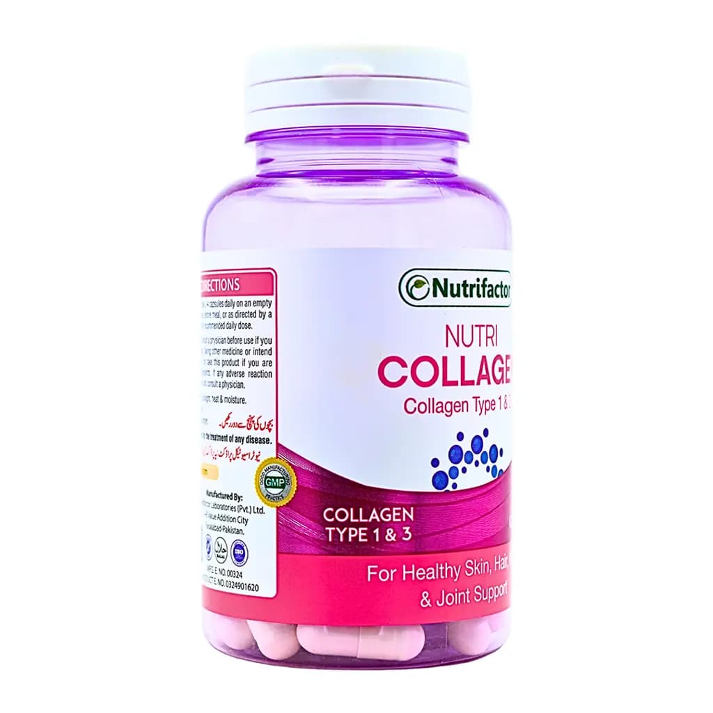 Nutri Collagen Capsules which contain Collagen, Vitamin C, and Biotin.