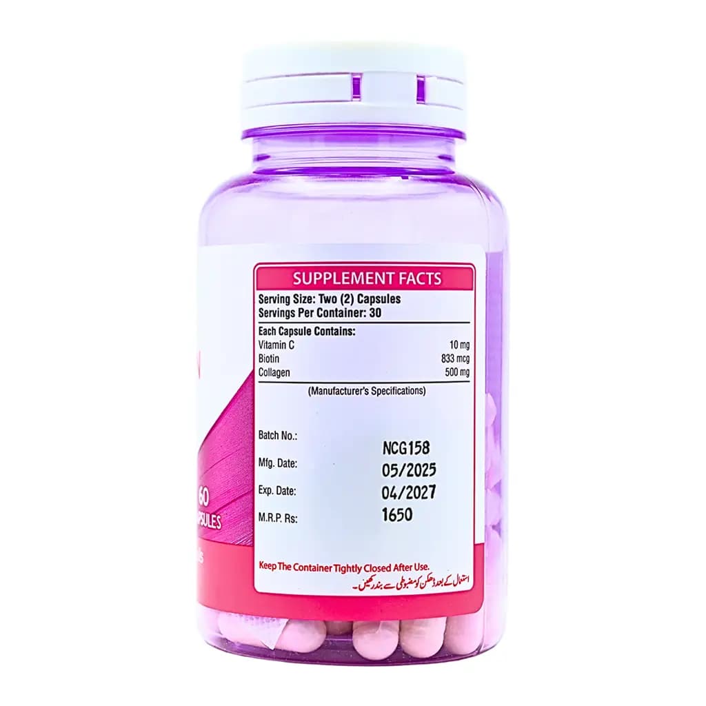 Nutri Collagen Capsules which contain Collagen, Vitamin C, and Biotin.