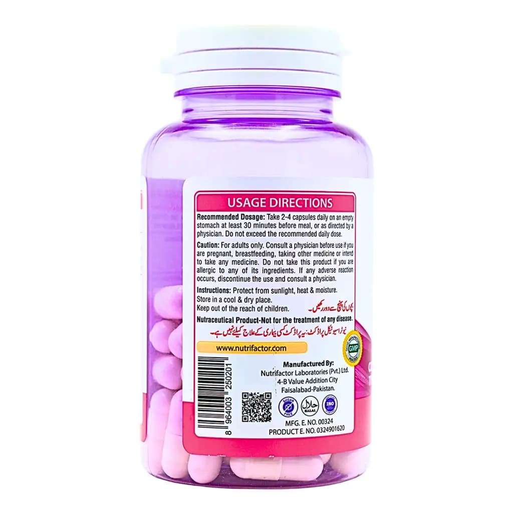 Nutri Collagen Capsules which contain Collagen, Vitamin C, and Biotin.