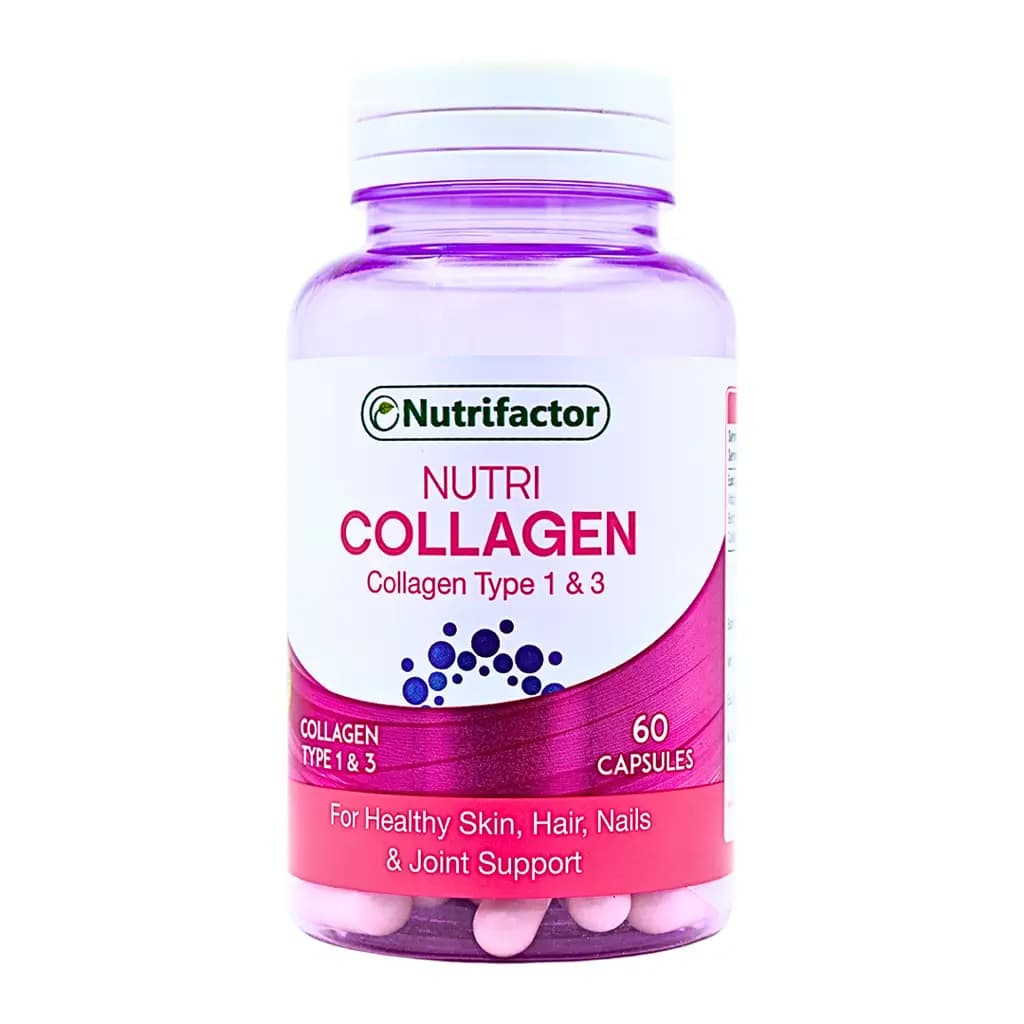 Nutri Collagen Capsules which contain Collagen, Vitamin C, and Biotin.