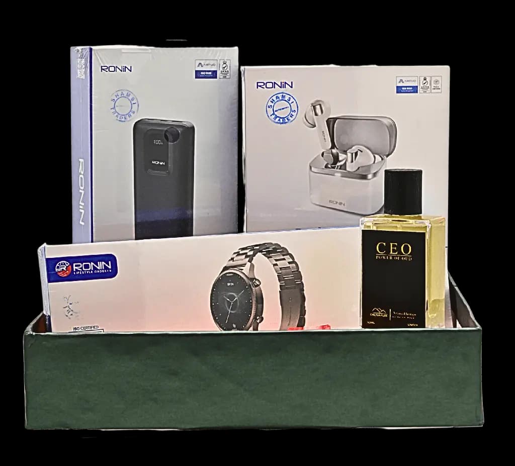 4-in-1 Men’s Eid Gift Hamper – Luxury Watch, Power Bank, Perfume &amp; Earbuds