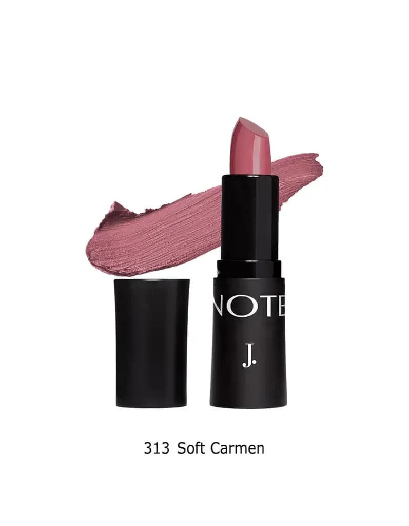 J. NOTE Mattemoist 313 Sof Carmen Lipstick featuring Macadamia Oil and Vitamin E for a creamy, long-lasting finish.