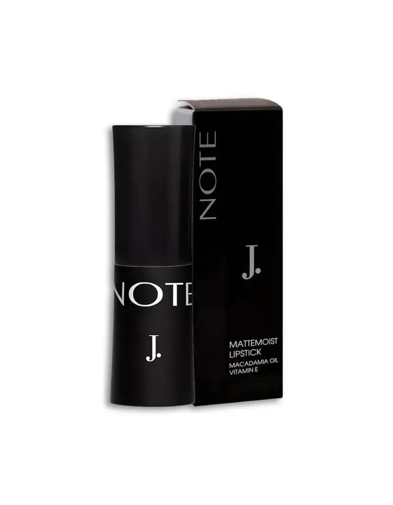 J. NOTE Mattemoist Lipstick featuring Macadamia Oil and Vitamin E for a creamy, long-lasting finish.