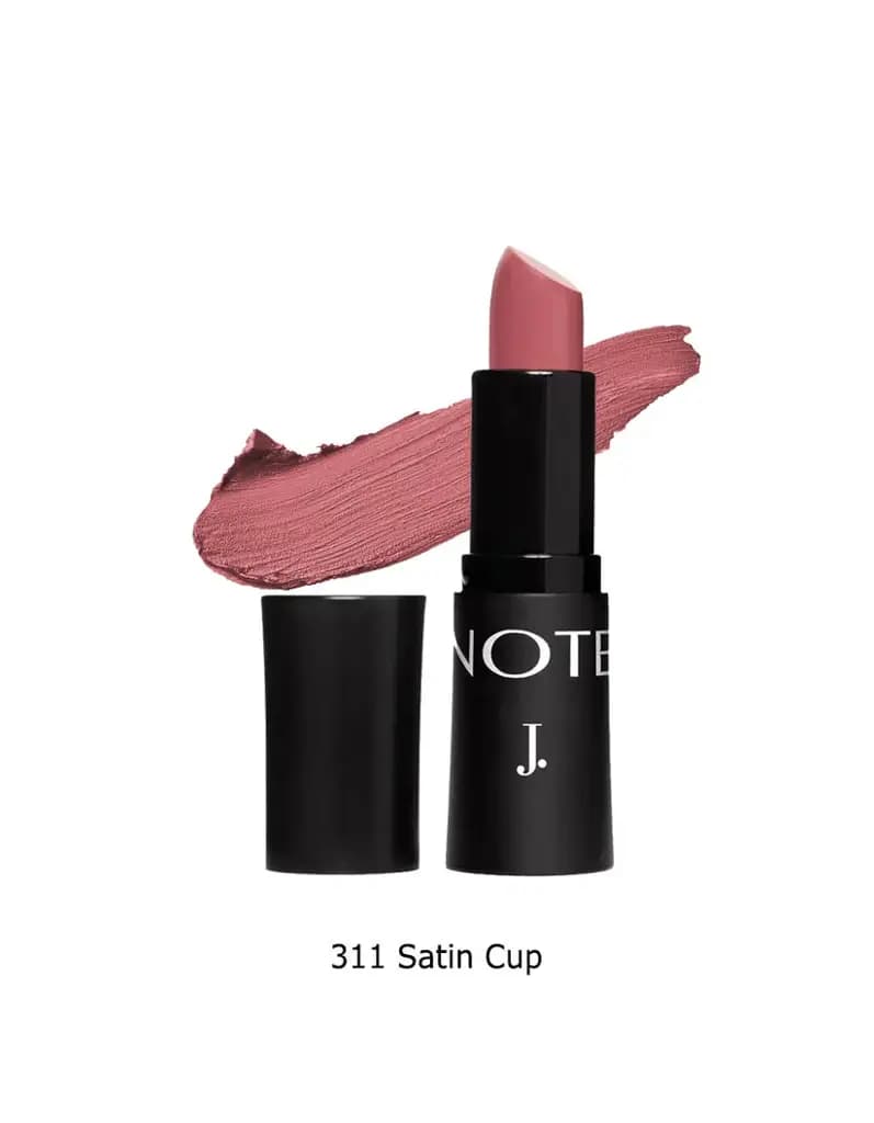 J. NOTE Mattemoist 311 Satin Cup Lipstick featuring Macadamia Oil and Vitamin E for a creamy, long-lasting finish.