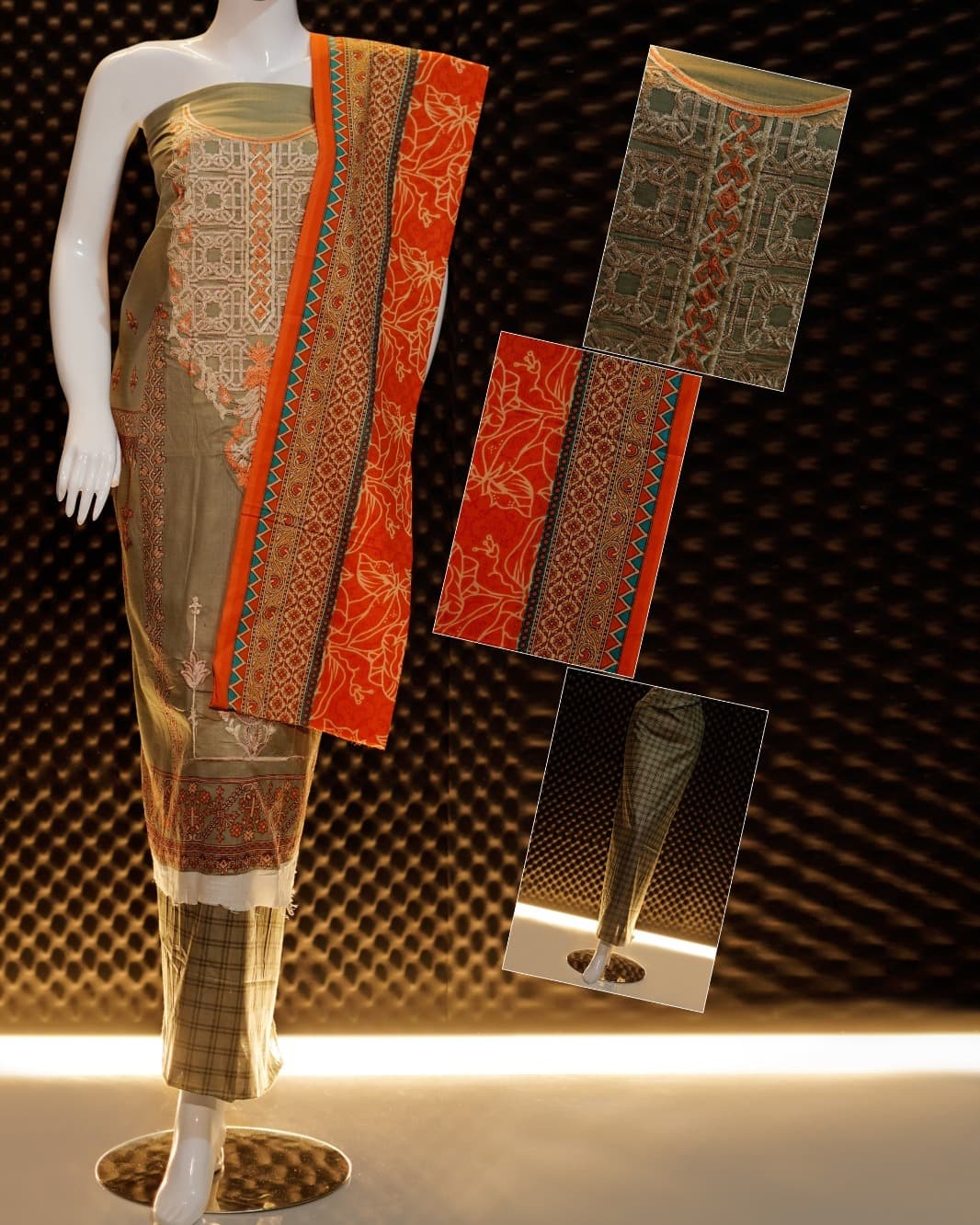3 Piece Unstitched Suit Brown & Red