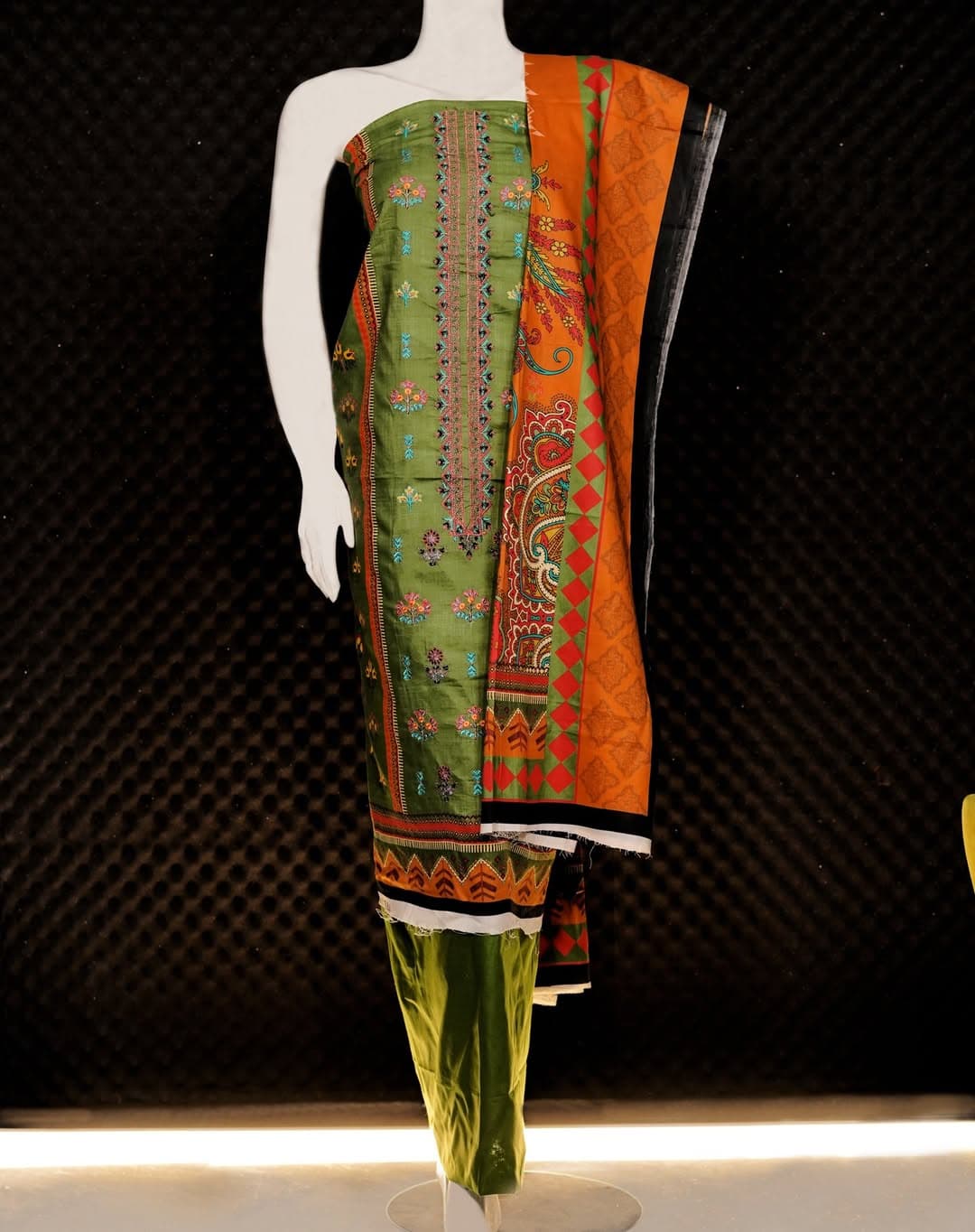 Digital Linen printed three piece Yellow Green